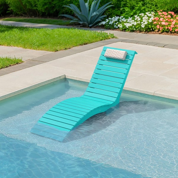 Aruba Blue HDPS Plastic Outdoor Chaise Lounge UV Protection Waterproof Pool Lounge Chairs with Headrest Set of 1