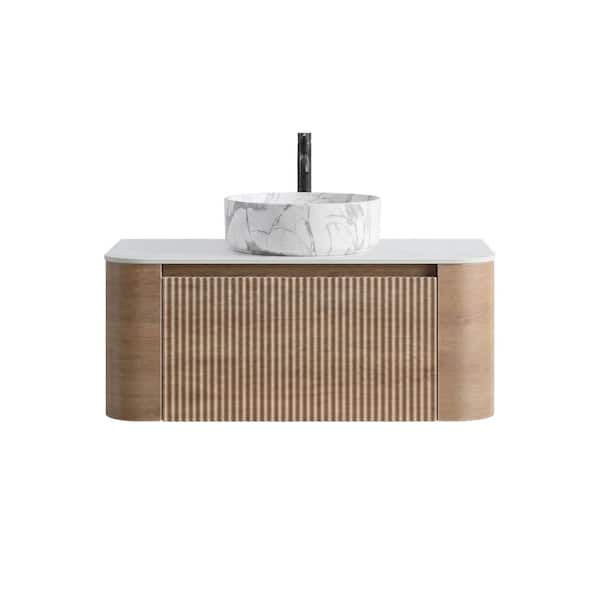 36" Wall-Mounted Bathroom Vanity with Sink, Honey Oak Cabinet, Single Carrara White Ceramic Basin with Towel Rack