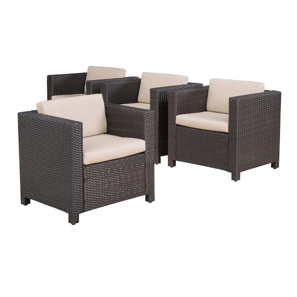 Unbranded Brown Wicker Outdoor Lounge Chairs with Beige Cushions, Set of 4