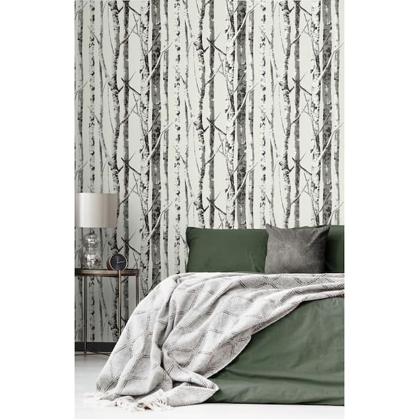 40.5 sq. ft. Greystone Winter Birch Screen Printed Vinyl Peel and Stick Wallpaper Roll