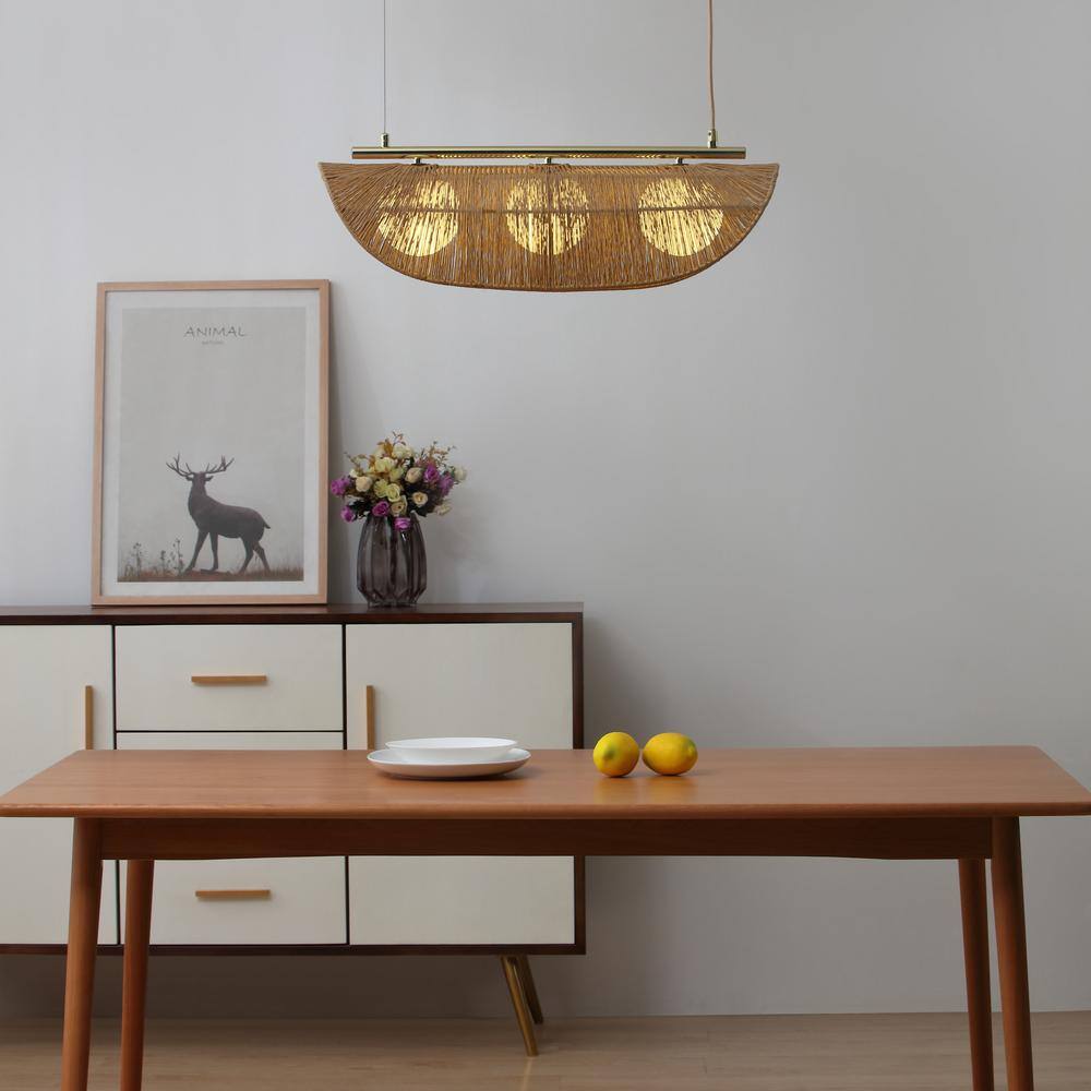Sovev 27.5 in. Brass Bohemian Pendant Light with Rattan and Glass Shades