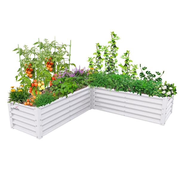 JUJABU 74 in. L-Shaped White Metal Planter Box Raised Garden Bed for Planting Vegetables Flowers