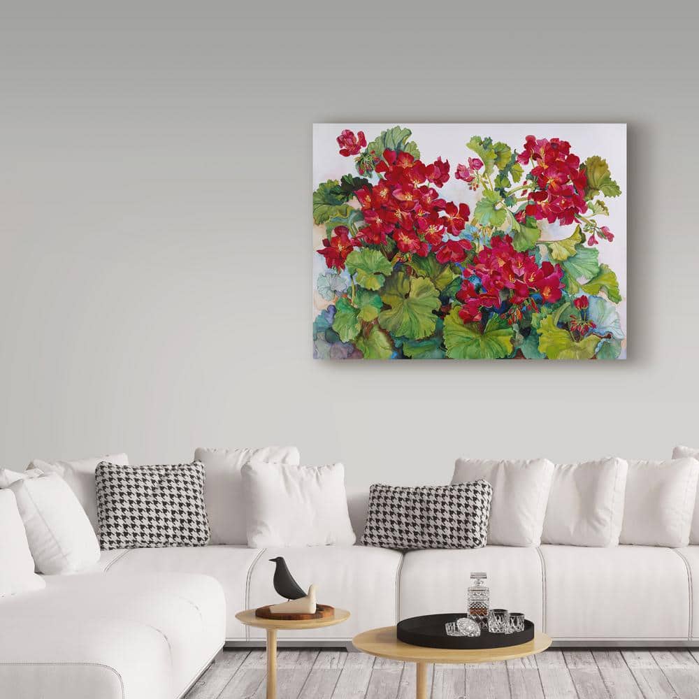 Deep Red Geraniums Floral Canvas Art in White Frame