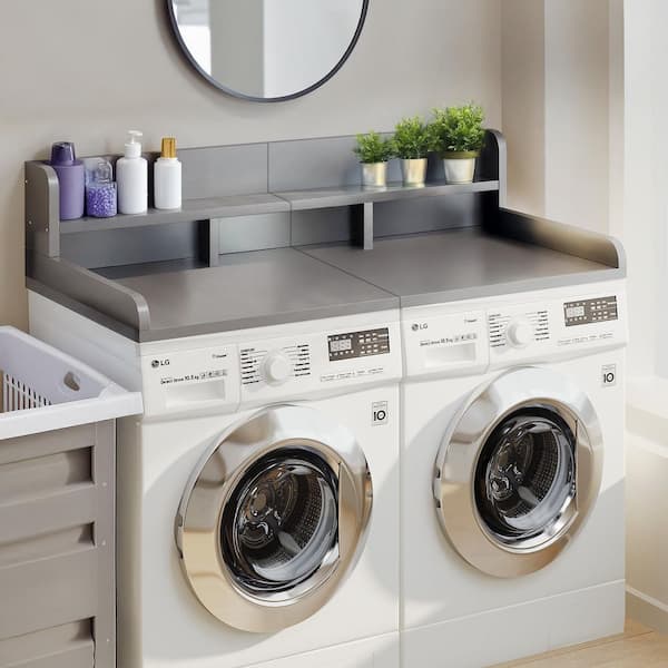 Washer Dryer Countertop with Non-Slip Pads, Laundry Wood Shelf Topper with Edge in Gray