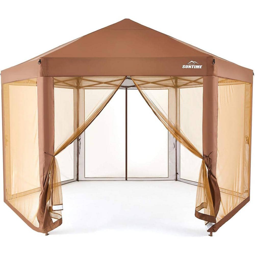 6.6 ft. x 9.2 ft. Brown Outdoor Instant Pop Up Hexagon Canopy with Sidewall