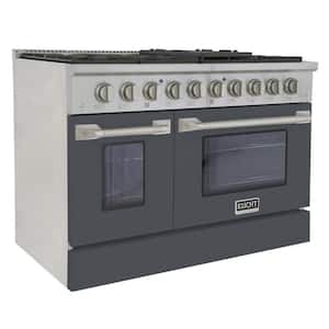 48 in. 6.7 cu. ft. 8-Burners Double Oven Dual Fuel Range Propane Gas in Stainless Steel and Cement Gray Oven Doors