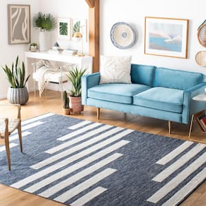 Striped Kilim Navy Ivory 9 ft. x 12 ft. Abostract Striped Area Rug