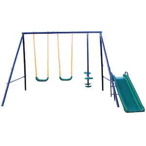 4-in-1 Heavy-Duty Metal Outdoor Playground Equipment Kids Swing Sets with 2 Swings, 1 Glider and 1 Slide