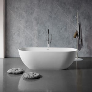 59 in. Stone Resin Flatbottom Solid Surface Freestanding Double Slipper Soaking Bathtub in White with Brass Drain