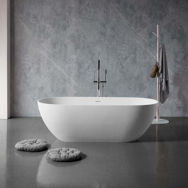 VANITYFUS 59 in. Stone Resin Flatbottom Solid Surface Freestanding Double Slipper Soaking Bathtub in White with Brass Drain