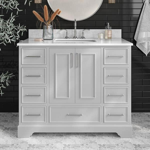 ARIEL Stafford 43 in. W x 22 in. D x 35.25 in. H Single Sink Freestanding Bath Vanity in Grey with Carrara White Marble Top