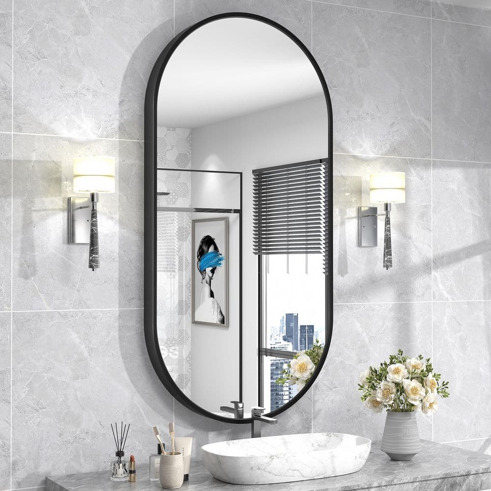 20 in. W x 40 in. H Oval Aluminum Alloy Framed and Tempered Glass Wall Decor Bathroom Vanity Mirror in Matte Black price history on PriceWatchPro