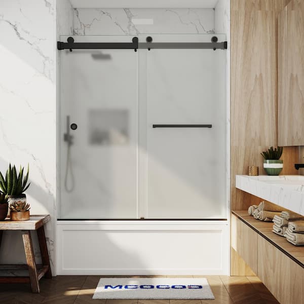 56-61 in. W x 66 in. H Double Sliding Frameless Smooth Sliding Tub Door in Matte Black with 3/8 in. Frosted Glass