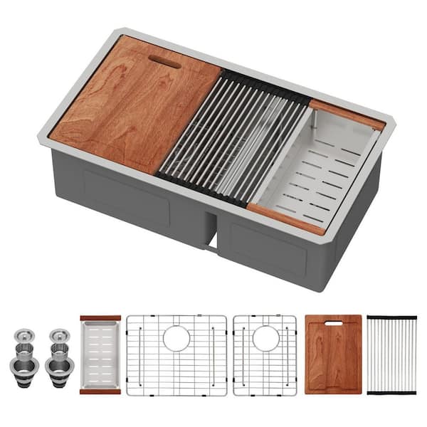 Logmey 30 in. Undermount Workstation Sink with Low Divide Double Bowl 16-Gauge Stainless Steel Kitchen Sink