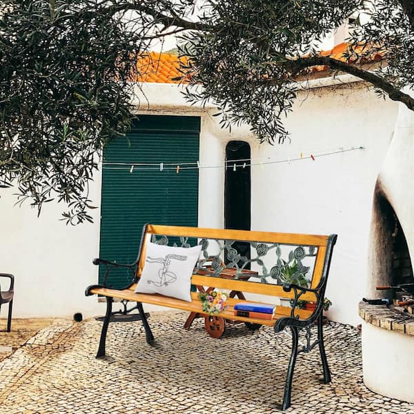 49.5 in. Wood Outdoor Park Garden Bench Deck Cast Iron Hardwood Porch Chair