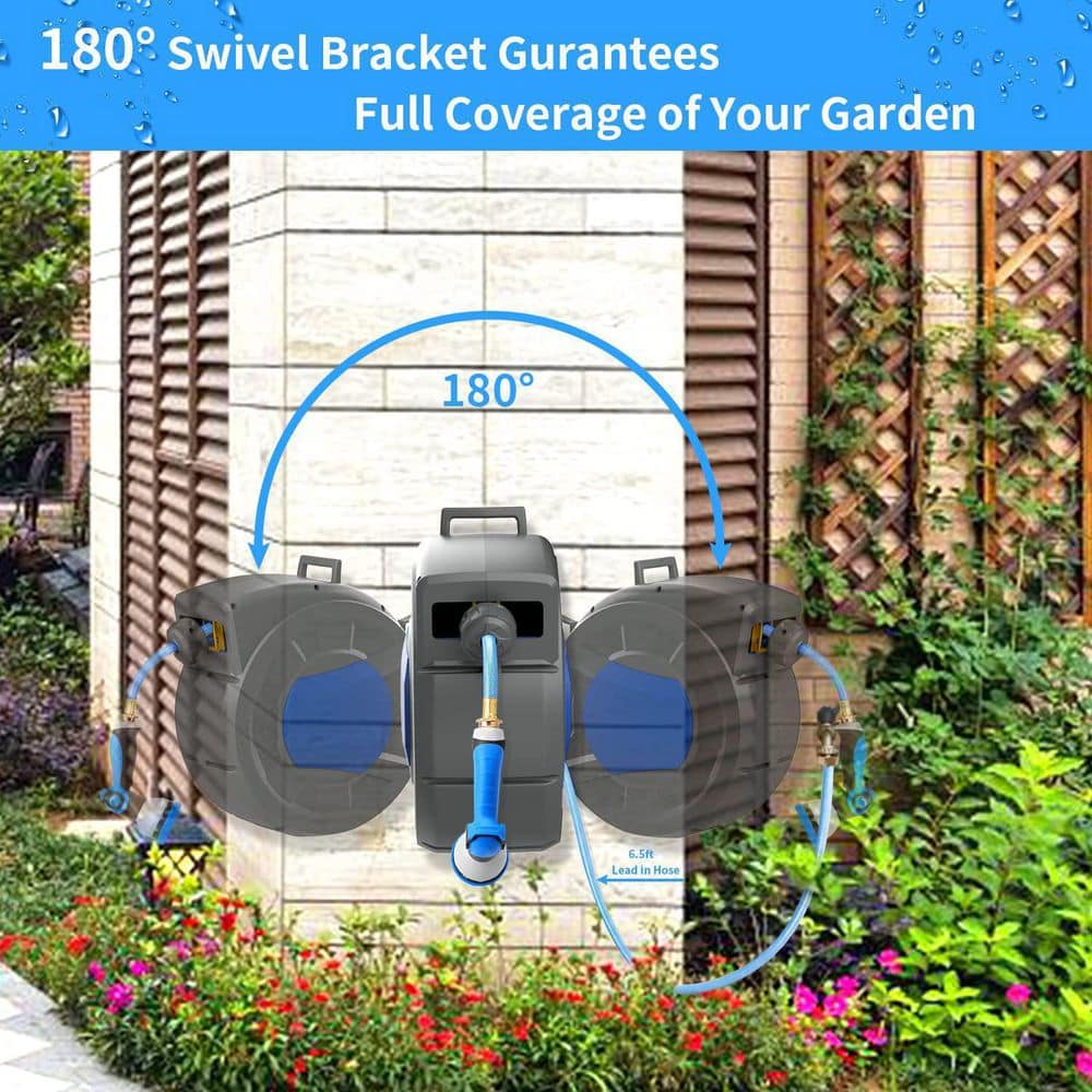 Gray and Blue Automatic Retractable Garden Hose Reel, 100 ft