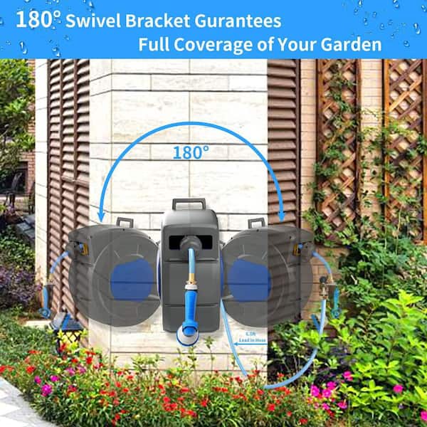 Wall Mounted 1/2 in. x 100 ft. Plus 6.5 ft. Outdoor 180° Hose with Reel  Auto Rewind Lock, Swivel Hose Reel B09NYBVMST - The Home Depot