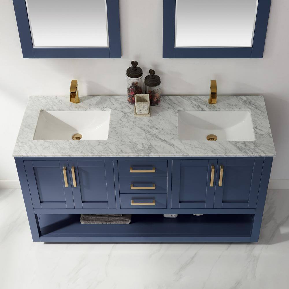 Remi Royal Blue 60" Double Basin Freestanding Vanity with Marble Top