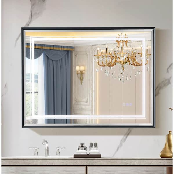 40 in. W x 30 in. H Rectangular Beveled Metal Framed Anti-Fog LED Light Wall Bathroom Vanity Mirror in Grey