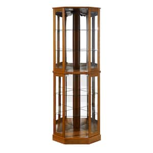 26 in. W x 20 in. D x 72 in. H Light Oak Brown Linen Cabinet, 6 Shelf Corner Curio Display Cabinet with Light, Mirrors