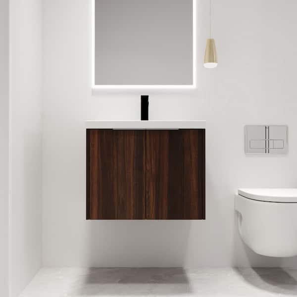 ARTCHIRLY 23.6 in. W x 18.1 in. D x 19.3 in. H Wall-Mounted Bath Vanity in Brown with White Resin Vanity Top