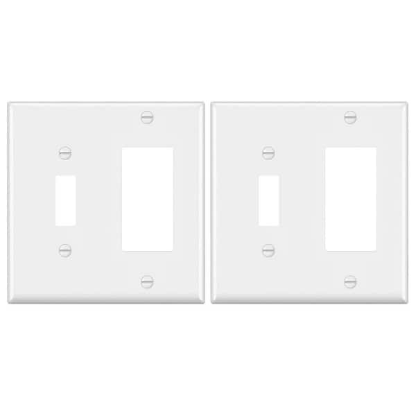 2-Pack Standard Size 2-Gang / 1-Toggle / 1-Duplex White Plastic Wall Plate - Smooth Finish, Polycarbonate, UL Listed