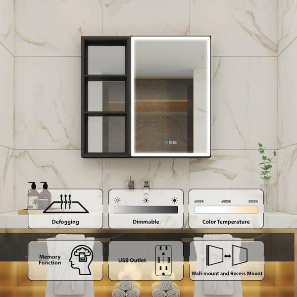 Forclover Dimmable LED Bathroom Medicine Cabinet 40-in x 30-in Defogging Surface Mount Black Mirrored Medicine Cabinet with 2 Side Cabinet Left Open