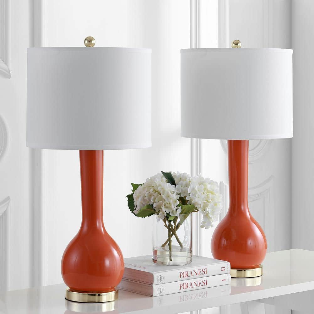 Mae Blood Orange Ceramic Long Neck Table Lamp Set with White Shades