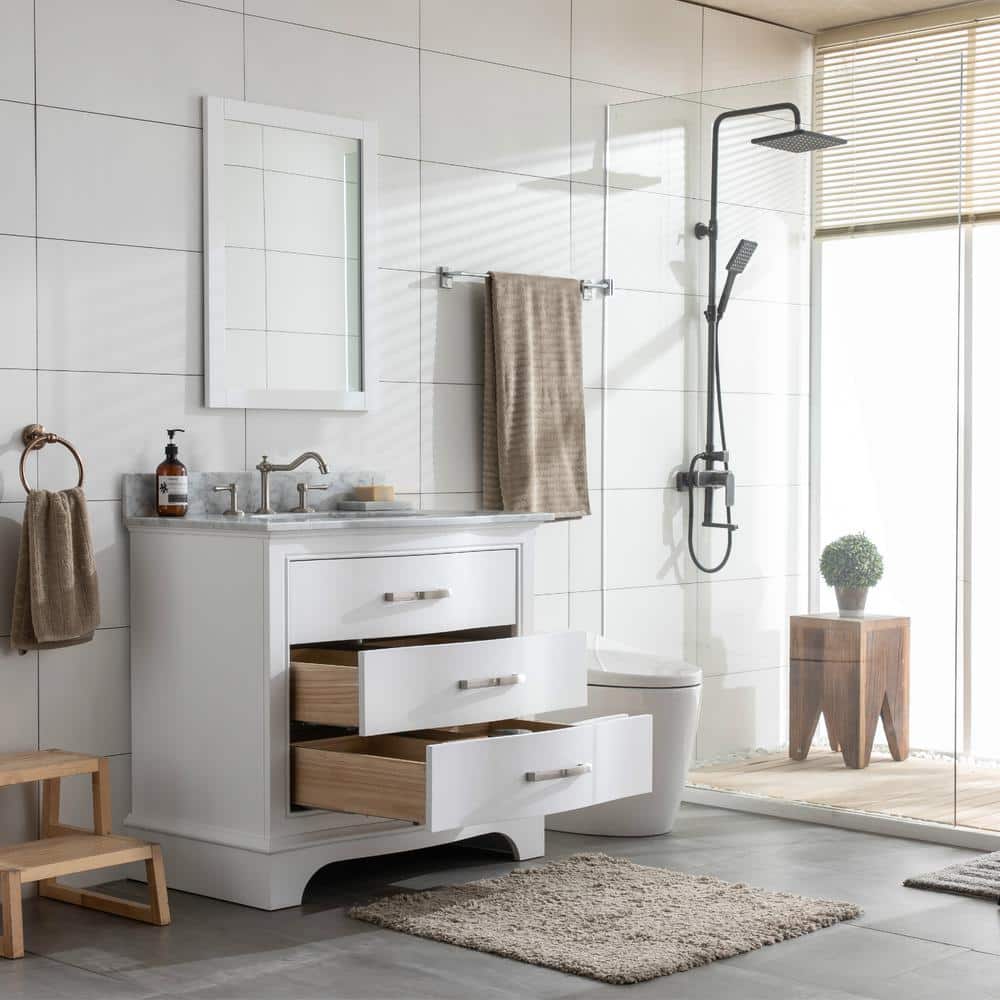 Monroe 36'' White Solid Wood Freestanding Vanity with Marble Top