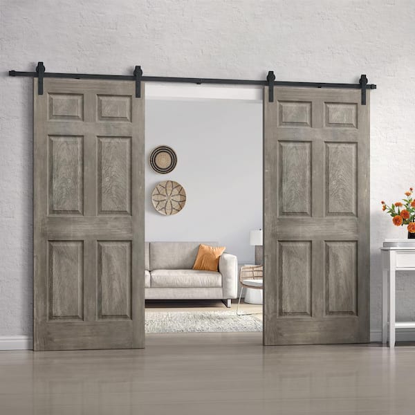 Paneled Wood and Metal Stained Double Barn Door with Installation Hardware Kit CALHOME Finish: Vintage Gray, Size: 72'' x 80