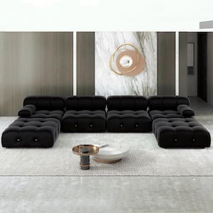 138.6 in. Convertible Modular Minimalist Sofa Free Combination U-Shaped 6 Seater Velvet Sectional with Ottomans, Black