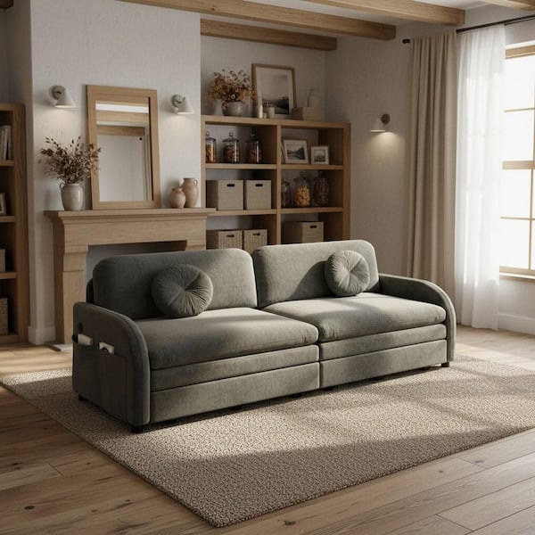 YONOK 81.1 in. Graphite Gray Chenille King Size 3-in-1 Convertible Sofa Bed with USB Port and Storage Pockets