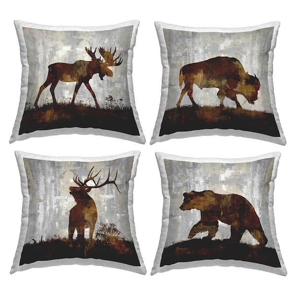Rustic Forest Animals Brown Silhouette Shapes Grey Square Outdoor Throw Pillow 4-Pack