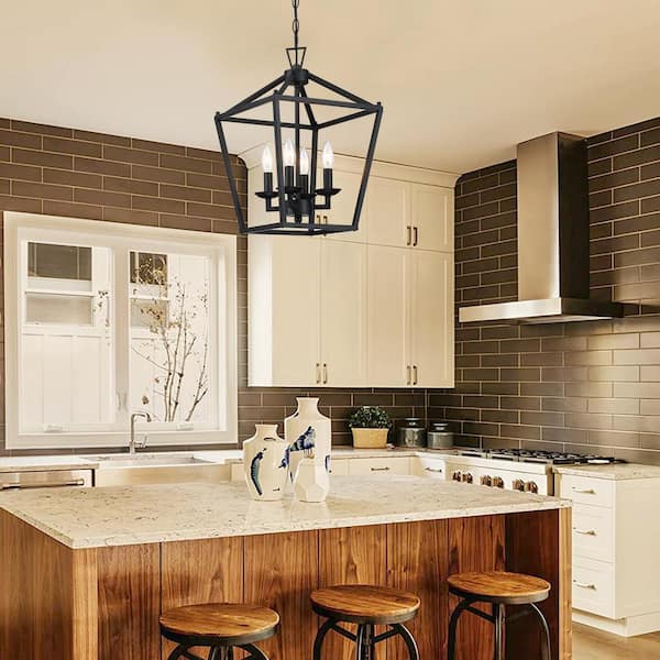 12 in. W 4-Lights Farmhouse Chandelier Black Pendant -Light Fixture With Metal Cage