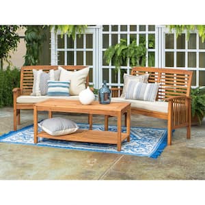 Brown 3-Piece Acacia Wood Outdoor Patio Conversation Set with Off-White Cushions