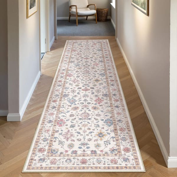 Mystery Garden Beige 2 ft. x 8 ft. Distressed Vintage Floral Washable Runner Rug