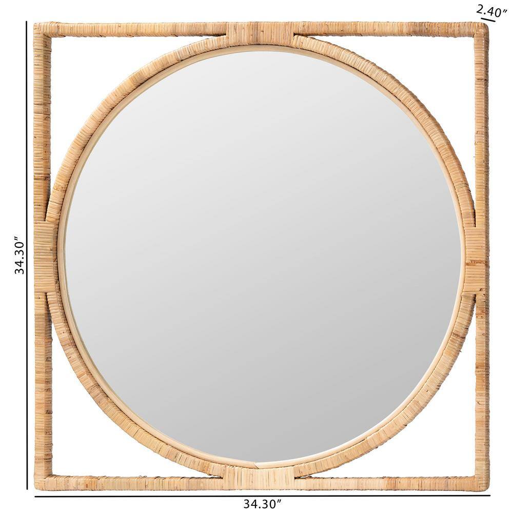 Natural Rattan and Mahogany Wood Square Wall Mirror