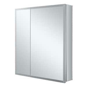 30 in. W x 30 in. H silver Recessed/Surface Mount Medicine Cabinet with Mirror in Silver Left Hinge and LED Lighting