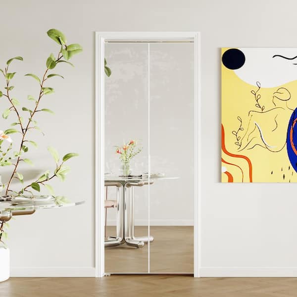 TENONER 30 in. x 80 in. Mirrored Glass, White, Hollow Core, MDF, Aluminum Frame, Full Lite Bi-fold Doors with Hardware Kits