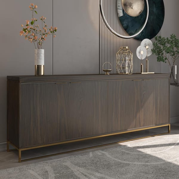 Boyel Living Dark Brown MDF 4-Door 81.5 in. Modern Buffet Sideboard Dining Table with Stainless Steel Brushed Gold Legs