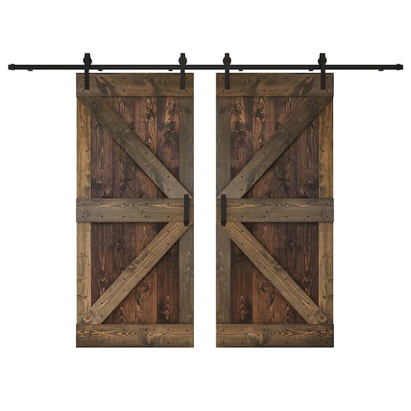 COAST SEQUOIA INC K Series 72 in. x 84 in. Kona Coffee Smoky Gray Knotty Pine Wood Double Sliding Barn Door with Hardware Kit