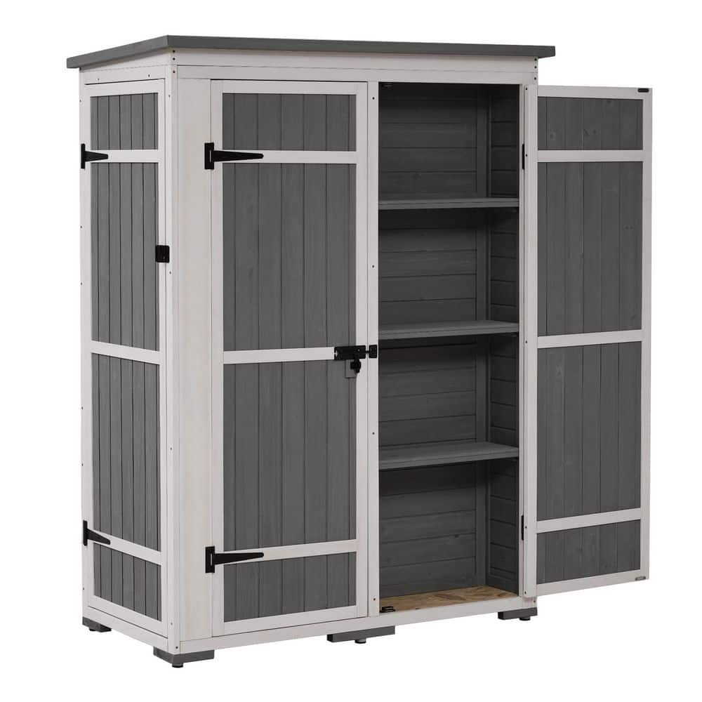 White and Gray Wood Storage Shed with 4 Lockable Doors and Multiple-Tier Sh