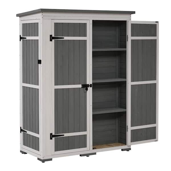 Unbranded White and Gray Wood Storage Shed with 4 Lockable Doors and Multiple-Tier Shelves