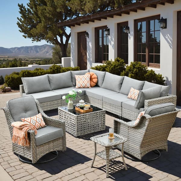 HOOOWOOO Howell 10-Piece Wicker Outdoor Patio Conversation Sofa Furniture Set with Swivel Rocking Chairs and Dark Grey Cushions