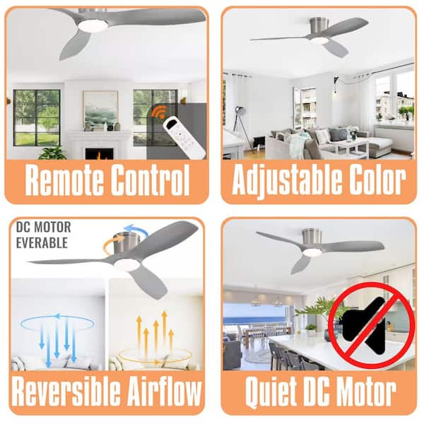 52 in. Indoor Gray Low Profile Modern Ceiling Fan with Dimmable LED Light with Remote Flush Mount