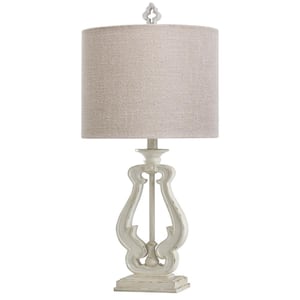 27 in. Distressed White Table Lamp with Textured Beige/Gray Hardback Fabric Shade
