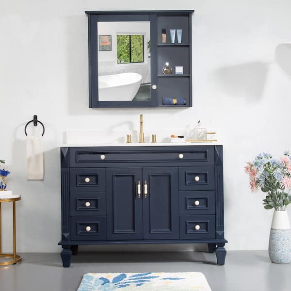 48 in. W x 22 in. D x 35 in. H Single Sink Bathroom Vanity Medicine Cabinet in Navy Blue with White Quartz Top