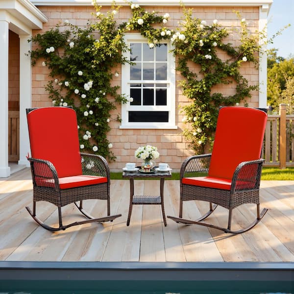 3-Pieces Wicker Patio Outdoor Rocking Chair Set with Cushions and Table, Bistro Set with Footrest, Red