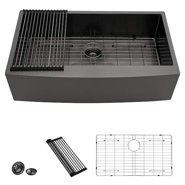 LORDEAR Gunmetal Black 16-Gauge Stainless Steel 36 in. Single Bowl Farmhouse Apron Front Kitchen Sink with Bottom Grid