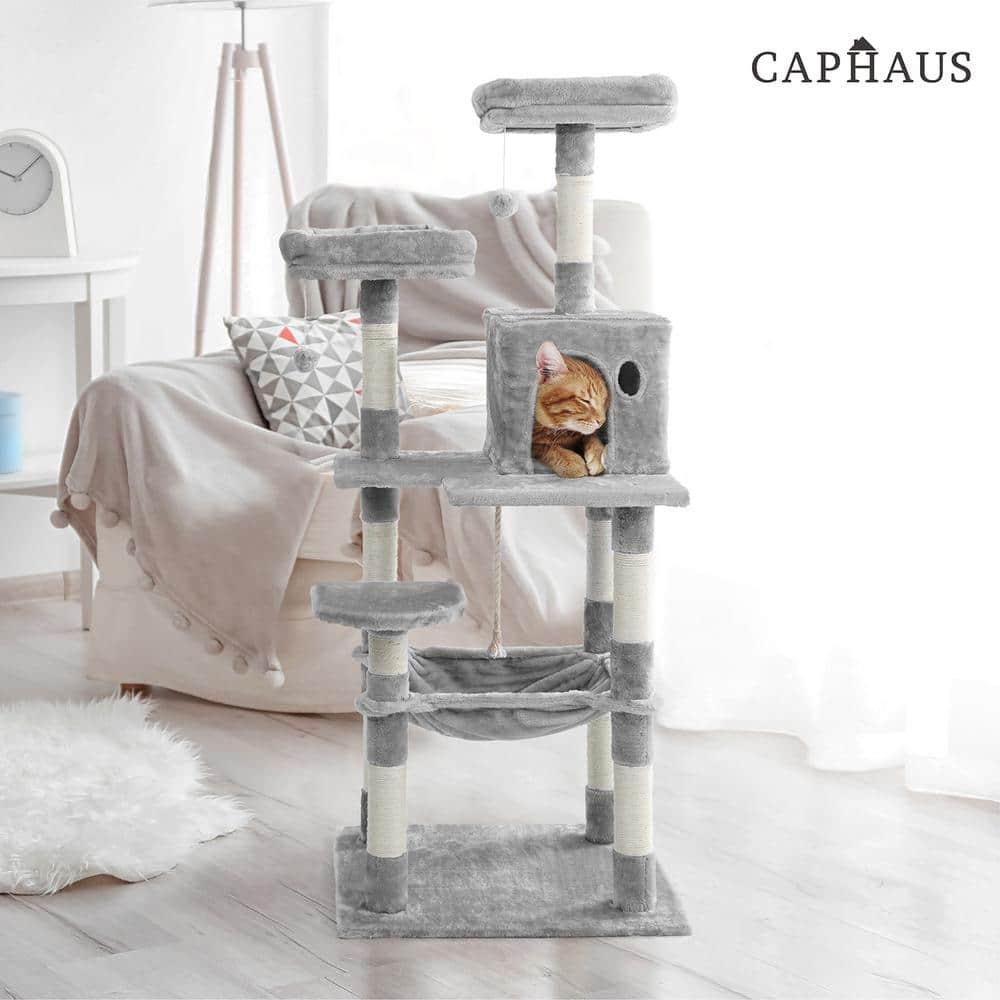58-Inch Light Grey Multi-Level Cat Activity Tree with Sisal Posts